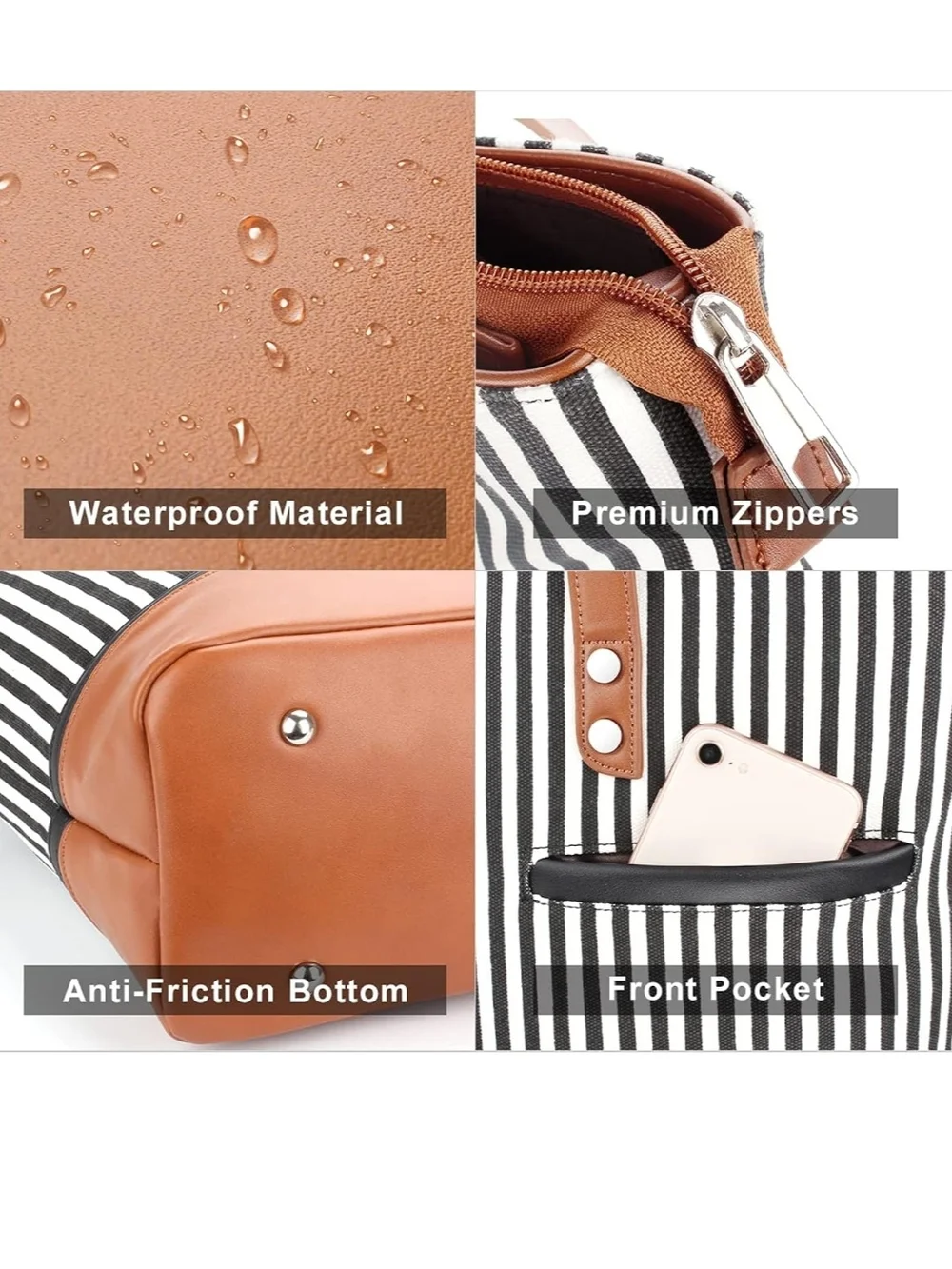 Striped Canvas Tote Bag with Pouch - Black & White with Tan Trim